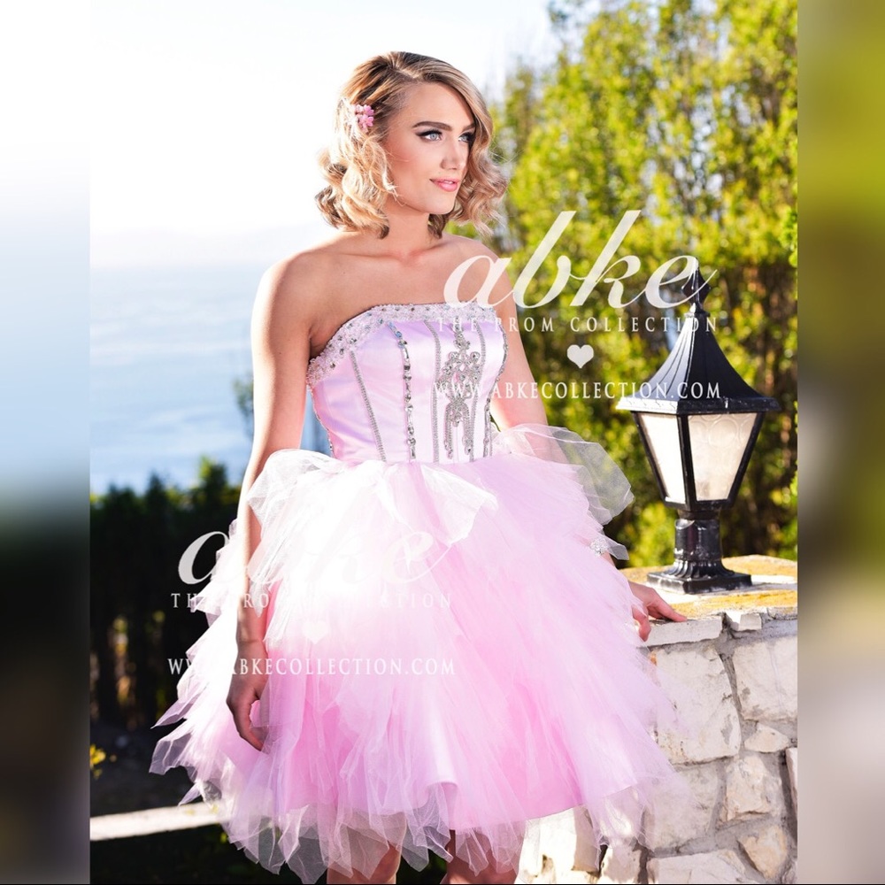 Pink Ruffle Rhinestone Cocktail Dress PROM PAGEANT
